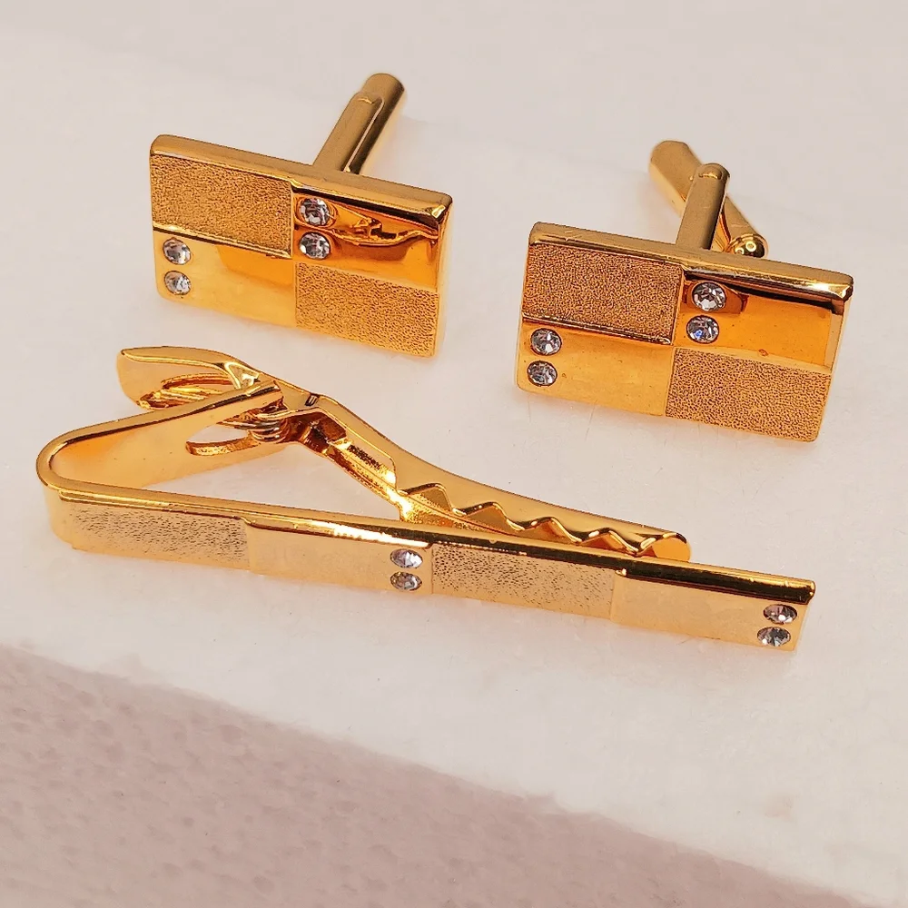 Tie Clip Bar, Cufflinks, Textured Gold Crystals Vintage Space Age Classic